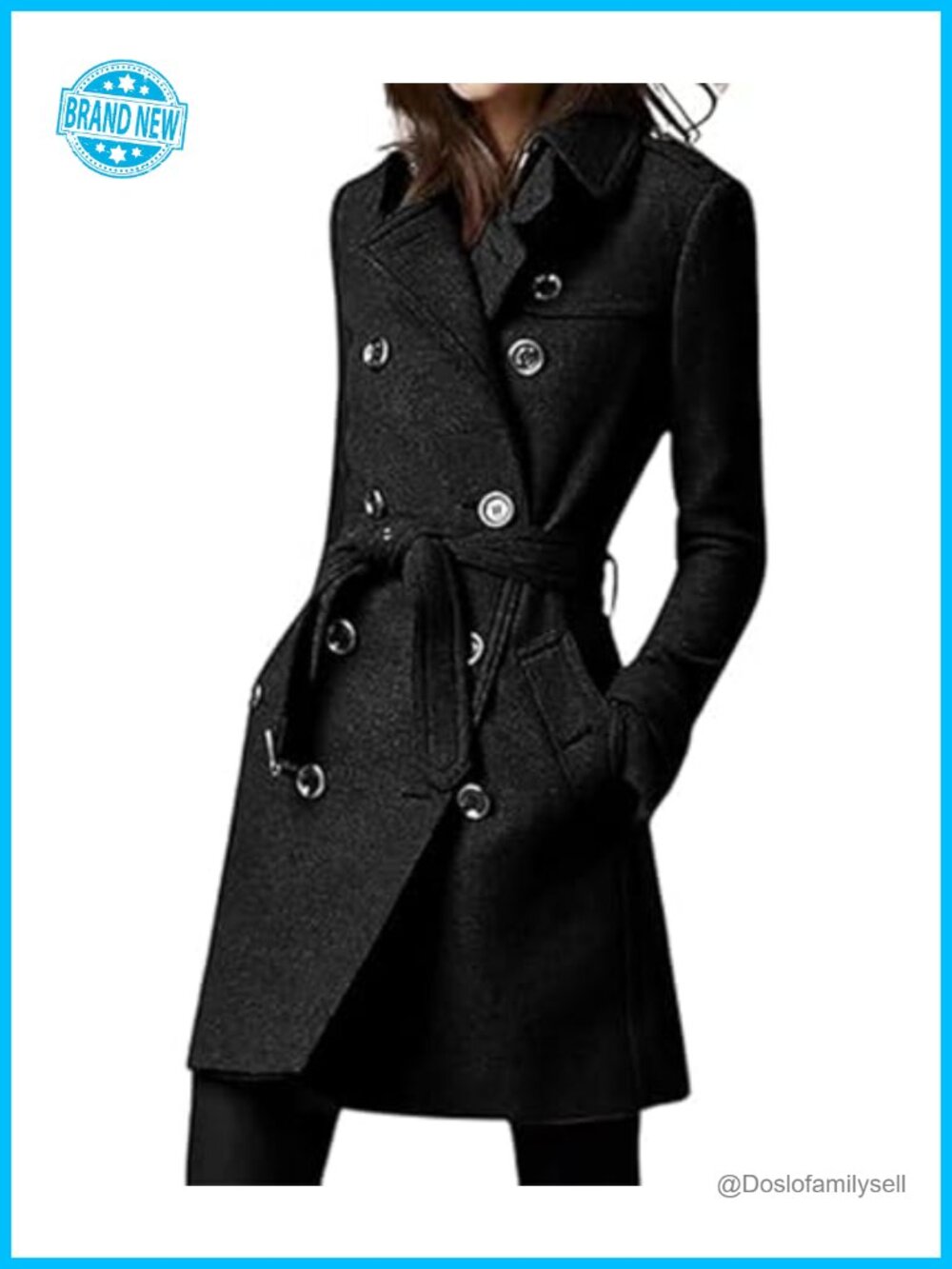 Women's Winter Trench Coat Double Breasted Belted Mid Long Peacoat Slim Fit